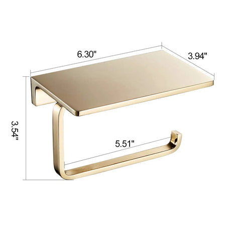 Solid Brass Toilet Paper Holder With Gold Finish, Hotel Style Tissue Roll Holder Plus Built In Cell Phone Shelf, Rust Resistant, dimensions shown