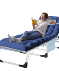 Woman relaxing on Heavy Duty Tanning Chair With Face Hole And Pad Slate Blue Five Position Folding Chaise Lounge For Outdoor Sunbathing.