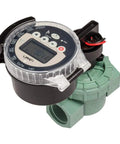 Battery Powered Outdoor Sprinkler Timer For Yard With Four Valve Control, 1 Inch FPT Jar Top Valve close-up showing control panel