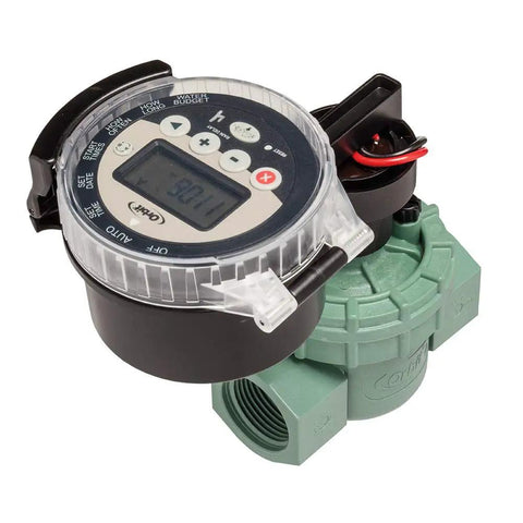 Battery Powered Outdoor Sprinkler Timer For Yard With Four Valve Control, 1 Inch FPT Jar Top Valve close-up showing control panel