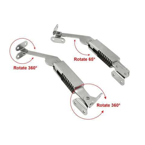 Two Pack Heavy Duty Spring Lid Support Hinges For Left And Right Doors, Nickel Plated Iron Rust Resistant Lid Stay, showing rotation angles.