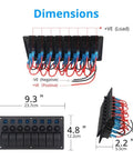 Dimensions of Universal 8 Gang LED Rocker Switch Panel For Boats And Trailers 12V/24V Waterproof with wiring details