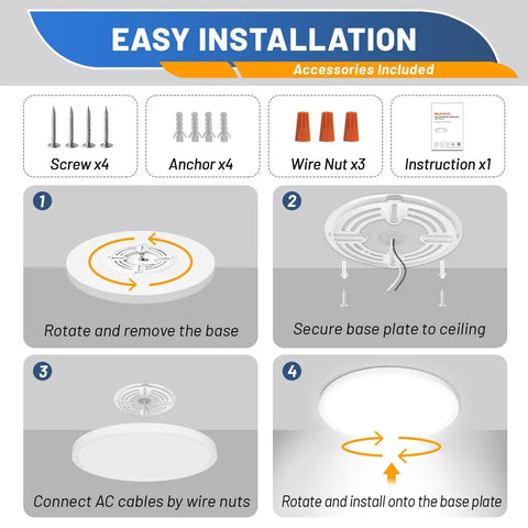 Easy installation guide for 12 Inch LED Flush Mount Ceiling Light Dimmable Fixture With 24W 2880lm Three Color Temps 3000K 4000K 6500K