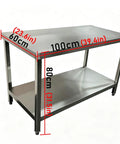 Solid As A Rock Stainless Steel Workbench With Dual Tier Shelves dimensions shown with rounded edges for kitchen or garage use.