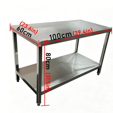Solid As A Rock Stainless Steel Workbench With Dual Tier Shelves dimensions shown with rounded edges for kitchen or garage use.
