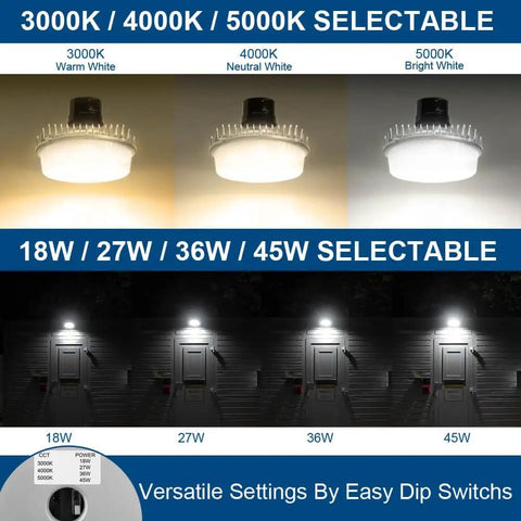 45W Dusk to Dawn Outdoor Light With Adjustable Wattage 18 27 36 45W And 3000K 4000K 5000K LED Color Temps Seriously Bright 5800 Lumens Security Flood Light For Yard Barn Street UL Listed showing light settings and wattage options