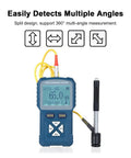 Badass Portable Digital Hardness Tester for Metals Heavy Duty Durometer with HLD HB HV HRA HRB HRC Readings Hi Res Screen showing split design and display.