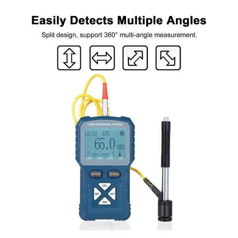 Badass Portable Digital Hardness Tester for Metals Heavy Duty Durometer with HLD HB HV HRA HRB HRC Readings Hi Res Screen showing split design and display.