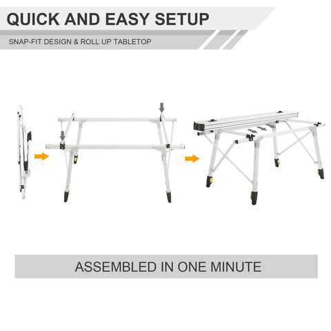 Assembly steps of Foldable Outdoor Picnic Camping Table With Adjustable Height Aluminum Legs And Roll Up Top, Silver Finish