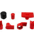 Accessories of 4 Ton Porta Power Hydraulic Ram Kit for Auto Body Repair, including red adapter heads in various shapes.