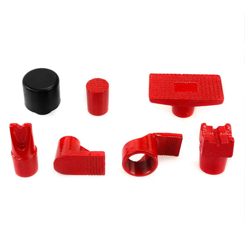 Accessories of 4 Ton Porta Power Hydraulic Ram Kit for Auto Body Repair, including red adapter heads in various shapes.