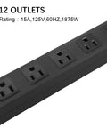 Wall Mount Power Strip With Twelve Wide Spaced Outlets, Aluminum Alloy Mount Socket With Switch, 15A 125V 1875W