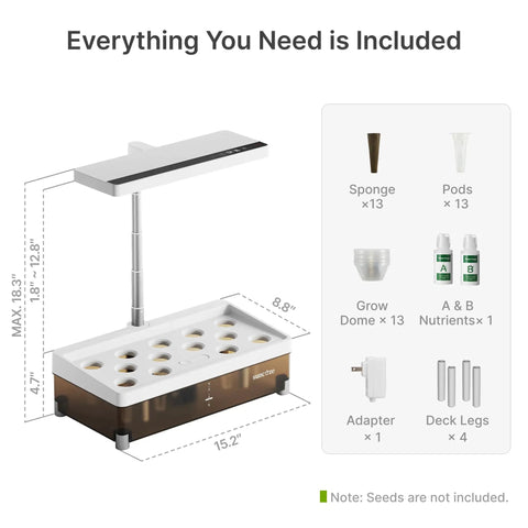 Indoor Hydroponics Growing System Kit With 13 Pods Dimmable Grow Light Four Liter Visible Water Tank Adjustable Height Up To Twelve Point Eight Inches Digital Timer And Water Nutrient Reminder No Fuss Gift For Gardeners with included accessories.
