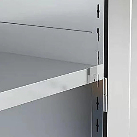 Hardened Steel Tool Cabinet With Anti Rust Finish And Tight Lock For Tall Workshop Storage shows the interior tiered shelves.