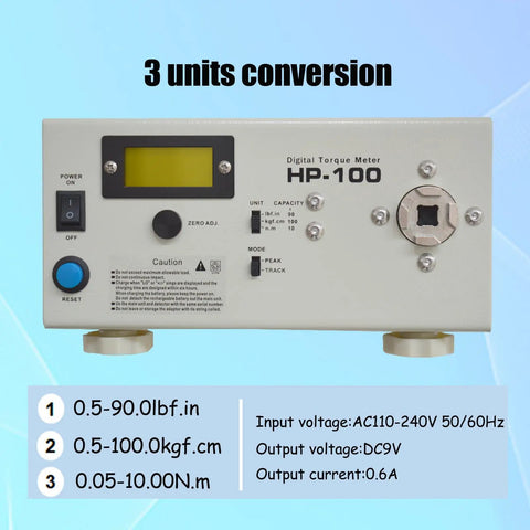 Intelligent Torque Tester Cap Meter With Digital Display And Peak Hold Three Unit Conversions In Lbf.In Kgf.Cm N.M Range 0.5-90.0 Lbf.In 0.5-100.0 Kgf.Cm 0.05-10.0 N.M Accuracy 0.5 Percent Full Scale Multifunction Torque Testing Tool, front view