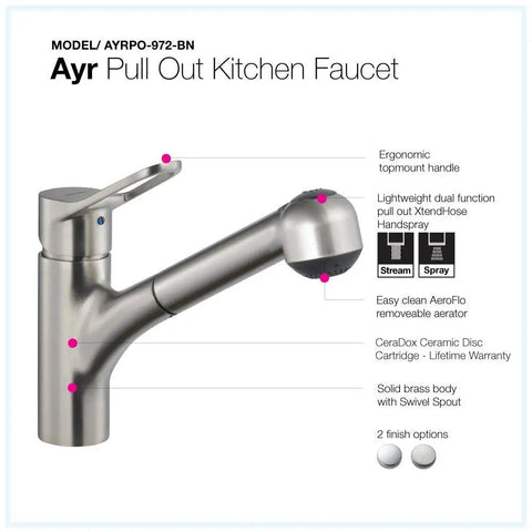 Brushed Nickel Kitchen Faucet AYRPO-972-BN with high arc pull-down sprayer, ergonomic handle, water-saving aerator, and swivel spout