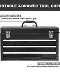 20 Inch Three Drawer Metal Tool Box Portable Steel Tool Chest With Durable Metal Latch Closure Black Powder Coat Finish