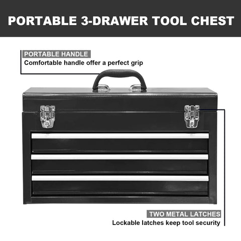 20 Inch Three Drawer Metal Tool Box Portable Steel Tool Chest With Durable Metal Latch Closure Black Powder Coat Finish