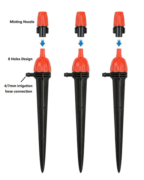 25 Adjustable Drip Irrigation Emitters for Quarter Inch Hose 360 Degree Water Flow Stake Drippers shown with nozzle parts