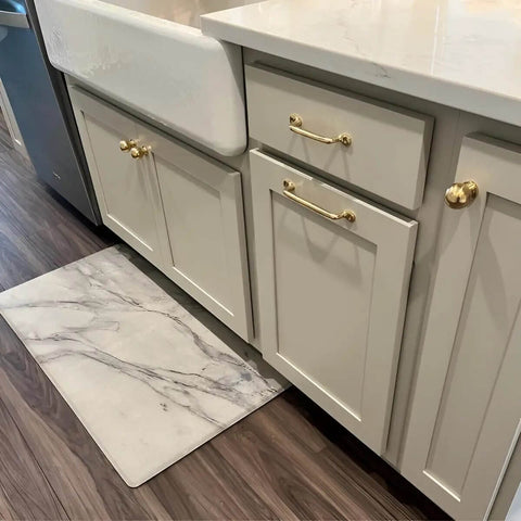 Unlacquered Solid Brass Cabinet Pull And Knob Set on kitchen cabinets, modern design, heavy duty hardware for drawers and doors.