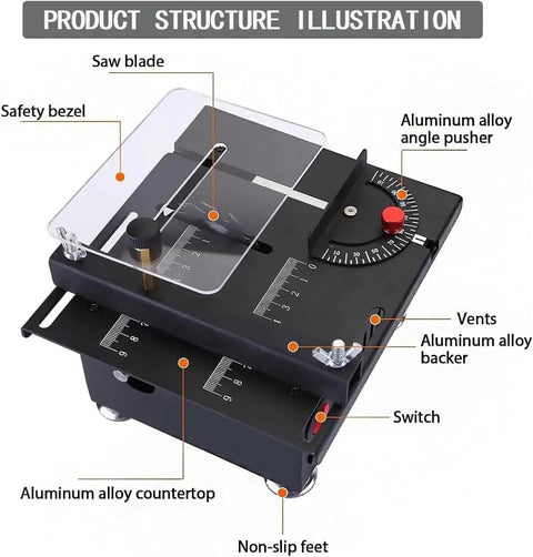 Compact Mini Table Saw For Sharp Wood And Acrylic Cuts Portable Desktop Electric Craft Tool showing aluminum alloy structure and features.