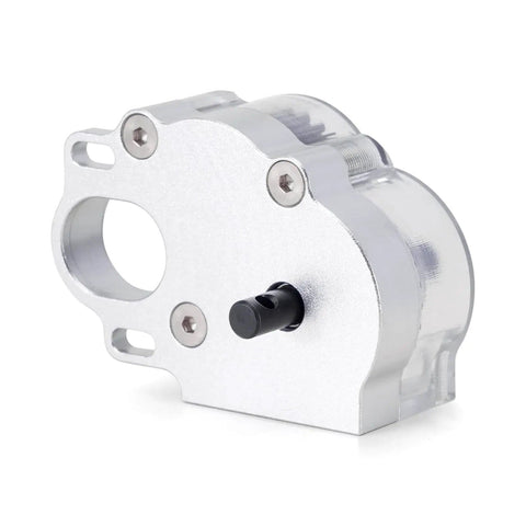 Side view of Low CG 1 By 10 RC Crawler Transmission Gearbox With Clear Cover Upgrade For SCX10 SCX10 II, showing aluminum and plastic design.