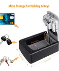 Wall Mounted Key Lock Box 4 Digit Combination Safe For Outdoor Use Built Tough With Zinc Alloy And Stainless Steel, open view with dimensions for key and card storage.