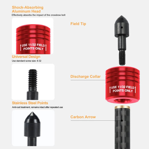 Crossbow Bolt Decocking Head 2 Pack Red showing aluminum head, discharge collar, and standard 8-32 thread design