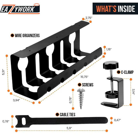 Two Pack 15.75 Inch Under Desk Cable Management Tray Set components, C-Clamp, screws, wire organizers, and cable ties