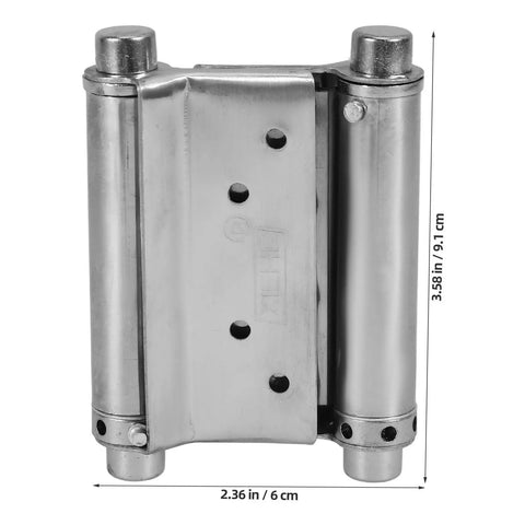 Close-up of Stainless Steel Spring Door Hinges 3 Inch, 2 Pack Auto Close Double Swing Door Hardware, showing dimensions and design.