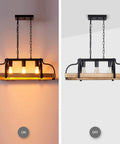 Three Light Metal Pot Hanging Chandelier With Wood Grain Finish Dope Rustic Farmhouse Ceiling Pendant For Kitchen Island And Dining Room Industrial Linear Light Fixture E26 Base Black, shown with lights on and off.
