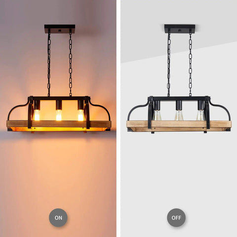 Three Light Metal Pot Hanging Chandelier With Wood Grain Finish Dope Rustic Farmhouse Ceiling Pendant For Kitchen Island And Dining Room Industrial Linear Light Fixture E26 Base Black, shown with lights on and off.