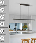 Zihoi Modern Ceiling Pendant Light,31.5in LED Black Linear Ceiling Chandelier Light Dining Room,Living Room, suspended above a kitchen island.