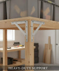 Beefy Heavy Duty Angled Shelf Bracket for Wood to Wood and Wood to Wall Framing in use on wooden table