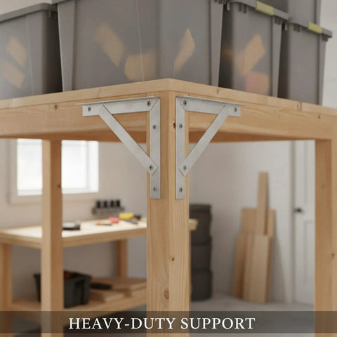 Beefy Heavy Duty Angled Shelf Bracket for Wood to Wood and Wood to Wall Framing in use on wooden table