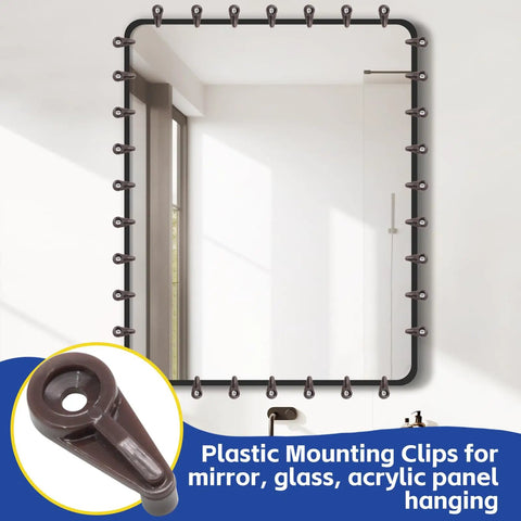Heavy Duty Brown Mirror Hanging Clips 25 Pack Easy Snap Glass Retainer Brackets For Cabinets And Vanities secure a mirror with clips.