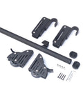 Slick Rolling Library Ladder Hardware Kit In Satin Black With Heavy Duty Casters Wrought Iron Track parts laid out on a white background.