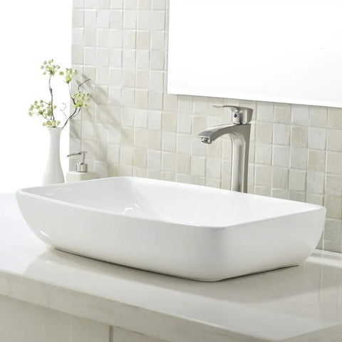 All In One White Ceramic Vessel Sink And Brushed Nickel Faucet Combo For Bathroom Vanity, 24 Inch Round Above Counter Porcelain Lavatory With Pop Up Drain, Durable Kaolin Ceramic Construction And Smooth Glaze Finish, shown on modern vanity with tile backdrop