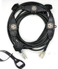 25ft Weatherproof Outdoor Extension Cord With Four Evenly Spaced Inline Outlets LED Indicator 16 Gauge 13 Amp 1625 Watts IP44 Waterproof Cap Heavy Duty Build For Landscape Lighting And Holiday Decor ETL Listed coiled on white background.