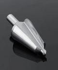 Built Tough Three Piece High Speed Steel Tapered Umbrella Step Drill Bit Set With No Nonsense Self Starting Tip and Smooth Chamfer Cutting for Metal Wood Plastic and Shop Floor Tasks, close-up of tapered drill bit.