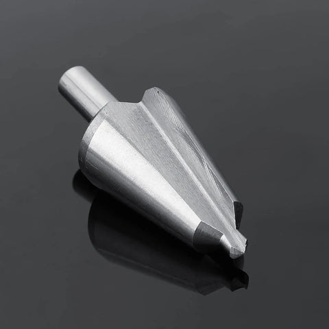 Built Tough Three Piece High Speed Steel Tapered Umbrella Step Drill Bit Set With No Nonsense Self Starting Tip and Smooth Chamfer Cutting for Metal Wood Plastic and Shop Floor Tasks, close-up of tapered drill bit.