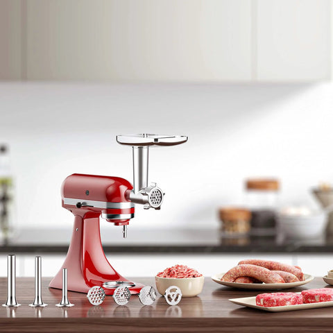 Red metal meat grinder attachment for KitchenAid stand mixer; includes 4 grinding plates, 3 sausage tubes, 2 blades.