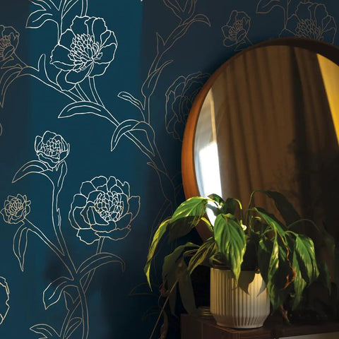 Peacock Blue And Metallic Gold Peonies Floral Peel And Stick Wallpaper with mirror and plant, 20.5 x 16.5 ft, USA made