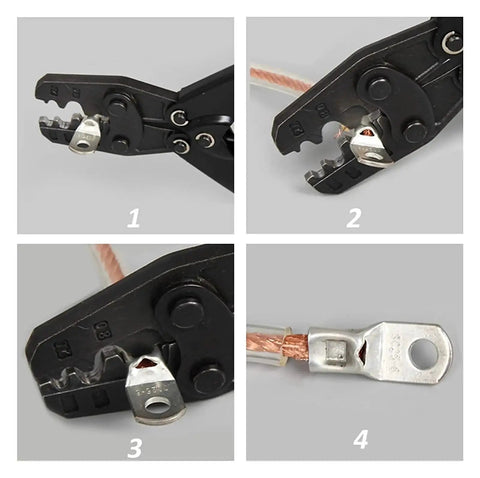 60 Piece Assorted Electrical Wire Ring Connector Kit With Copper Tube Lugs Perfect For Battery Starter Cable Welding Crimp Terminals And Car Wiring Jobs That Need Reliable Solid Connections. copper ring lug crimping tool with wire and terminal close-up