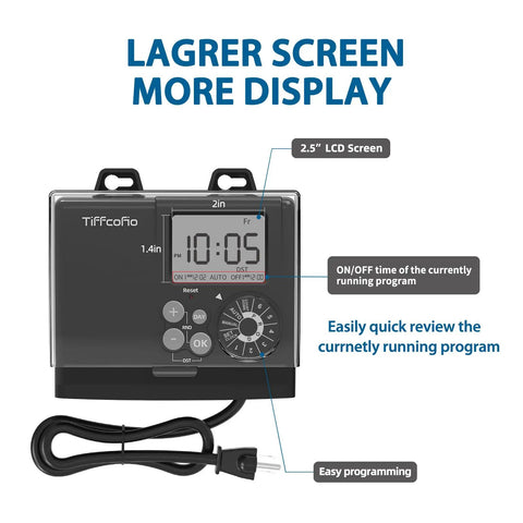 Hassle Free Digital Outdoor Timer Rock Solid Weatherproof Build Features Slick Dial Programming Plus Dual Grounded Outlets, 2.5" LCD display.