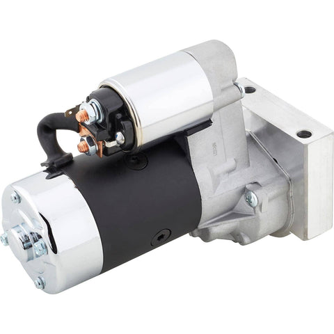 Side view of Beefy High Torque LS Mini Starter with clockable design, billet mounting block, and steel gears for LS engines.