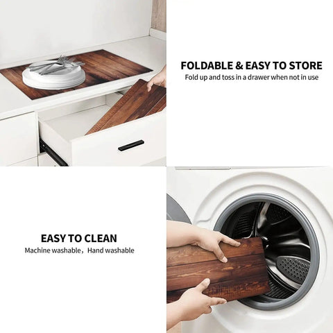 Vertical Wood Grain Dish Drying Mat 18 By 24 Inches Reversible Microfiber Absorbent Pad being folded and washed