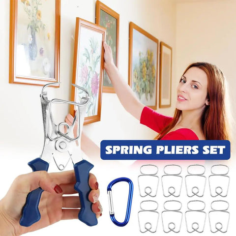 Spring Loaded Miter Clamp Kit, 10 Pack With Pliers And 8 Stainless Bevel Clips in use for hanging picture frames