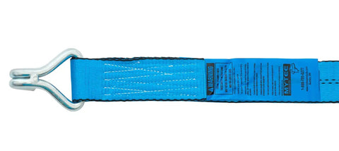 Close-up of blue Heavy Duty Ratchet Straps 2 Inch By 30 Feet 10 Pack With Wire Hooks showing hook and label details.