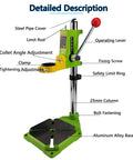 Detailed view of Floor Drill Press Stand For Hand Drill With 90 Degree Rotating Clamp, Adjustable Universal Bench Drill Holder, labeled parts.